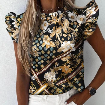Elegantno Ananas Srce, ki Tiskanja Ruffle bluzo srajce Urad Dama 2020 Poletje Kratek Rokav Slim Bluze za ženske 3XL Priložnostne O-vratu vrh