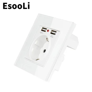 EsooLi Siva USB Vtičnico EU Vtičnica Bela Kristalno Steklo Plošče Dual Polnjenje prek kabla USB Vrata 2.1 16A Rusija Španija