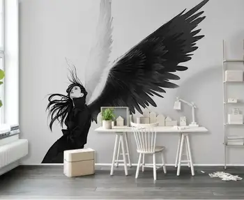 Fallen angel lepa ženska krila, črne in bele Nordijska dnevna soba v ozadju stene