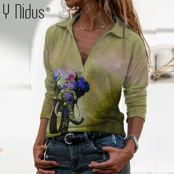 Geometrija za Ženske Slon Bluze 2021 Pomlad Priložnostne V-Neck Majica Dolg Rokav Vrh Plus Velikost Ženske Barvita Jesen Lady Bluzo 3XL