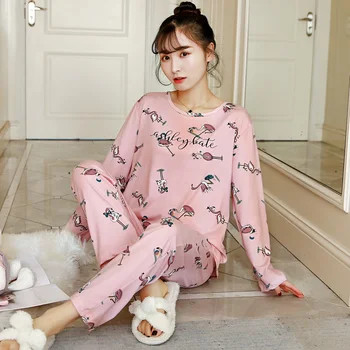 Girls Srčkan Risanka Flamingo Sleepwear Pižamo Kompleti za Ženske 2019 Pomlad Dolg Rokav Pyjama Homewear Pijama Mujer Salon Oblačila