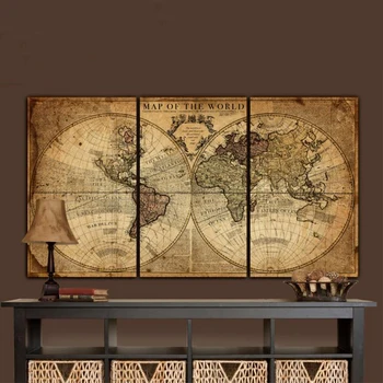 GoldLife Veliki Svetovni Zemljevid, Platno Stensko Slikarstvo Letnik Plakati Print Multi 3 Ploščo Retro Zemljevid, Platno Tiska za Sobi Doma Dekor
