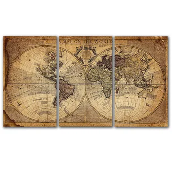 GoldLife Veliki Svetovni Zemljevid, Platno Stensko Slikarstvo Letnik Plakati Print Multi 3 Ploščo Retro Zemljevid, Platno Tiska za Sobi Doma Dekor