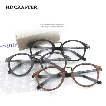 HDCRAFTER lesena očala očala okvirji za moške spolne okrogle očala okvir z jasno objektiv retro recept očala okvir