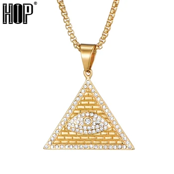 HIP Hop Bling Ledeni Iz Prostozidarskih Illuminati Oči Obeski Zlata Barva Trikotnika iz Nerjavečega Jekla Piramida Ogrlice za Moške Nakit