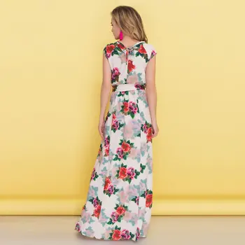 ICHOIX poletje jesen cvetlični obleka, tunika dolgo obleko boho stranka pasu šifon obleko elegantno tiskanje obleke sashes Vestidos oblačila