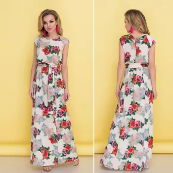 ICHOIX poletje jesen cvetlični obleka, tunika dolgo obleko boho stranka pasu šifon obleko elegantno tiskanje obleke sashes Vestidos oblačila