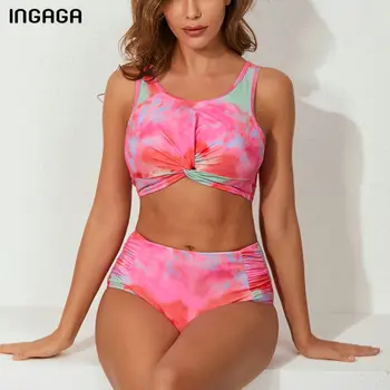 INGAGA Visoko Pasu Bikini Gradient Kopalke 2021 Ruched Kopalke Ženske Push Up Biquini Kopalne Obleke, Roza Krog Vratu Plažo