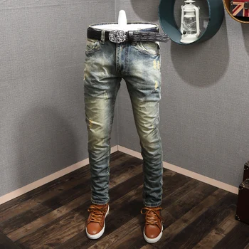 Italijanski Modni Stil Moške Jeans Retro Pranje Uničeno Vrečasta Hlače Raztrgane Kavbojke, Moške, Visoke Kakovosti Vintage Oblikovalec Slim Kavbojke Homme