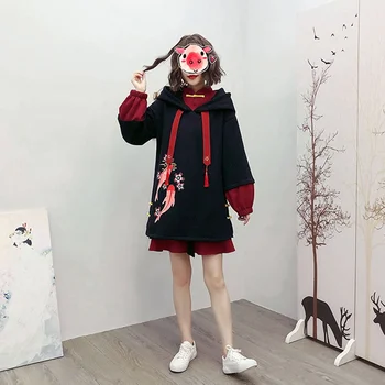 Japonski Lepe Street Fashion Ženske Hoodies Harajuku Kawaii Hooded Majica Sakura Vezenje Plus Žamet Puloverju Vrhovi FF2484