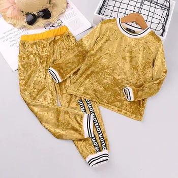 Jeseni otroška Oblačila Za Dekleta 2020 Modele Evropske Ameriški Nova Dekleta Zlato Žametno Obleko z Dolgimi Rokavi Športno Obleko, dvodelno,
