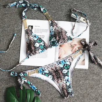 Kača print bikini 2019 Ženske kopalke Kopalne ženski Kovinske Verige kopalke Seksi Push up String Bikini komplet Povodcem kopalke