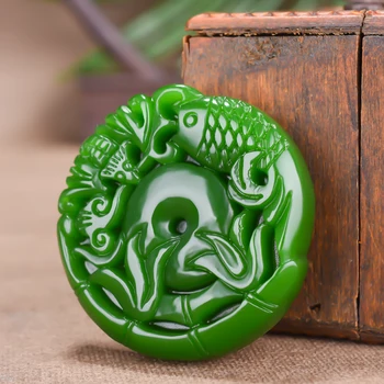 Kitajski Naravnih Green Jade Krap Ogrlico, Obesek, Ročno izrezljano Čar Jadeit Nakit Modni Amulet Darila za Moške, Ženske