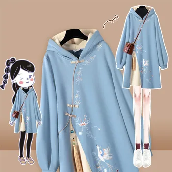 Kitajski Slog Hooded Šivanje Vestido Cheongsam Vezenje Majica Obleko Sponke Debele Harajuku Prevelik Toplo Dolg Pulover 853