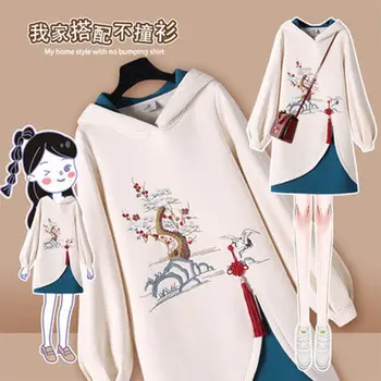 Kitajski Slog Hooded Šivanje Vestido Cheongsam Vezenje Majica Obleko Sponke Debele Harajuku Prevelik Toplo Dolg Pulover