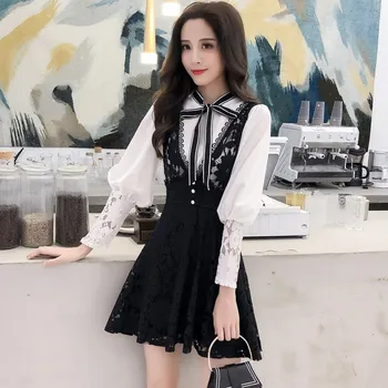 Korejski Moda Vestidos Ženske 2PC Obleko Obleko Bowtie Belo Srajco+Črne Čipke Mini Krilo Obleke Obleke Sladko Dva Kosa Obleko Določa 2366