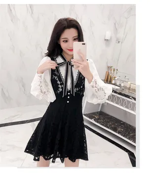 Korejski Moda Vestidos Ženske 2PC Obleko Obleko Bowtie Belo Srajco+Črne Čipke Mini Krilo Obleke Obleke Sladko Dva Kosa Obleko Določa