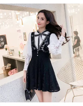 Korejski Moda Vestidos Ženske 2PC Obleko Obleko Bowtie Belo Srajco+Črne Čipke Mini Krilo Obleke Obleke Sladko Dva Kosa Obleko Določa