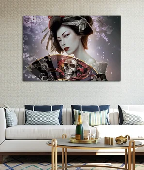 Kul Fantasy japonski dekle gejša kimono fan lobanje Dnevni sobi doma wall art dekoracijo lesa, okvir tkanine plakat EX369