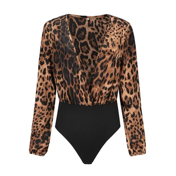 Leopard Natisniti Obleka, Ženske Seksi Dolg Rokav V Vratu Mozaik Jumpsuits