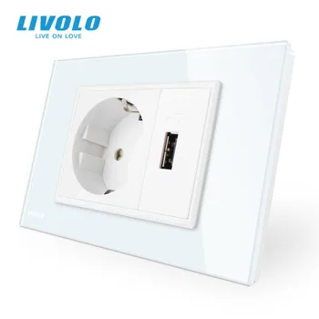 Livolo Dva Banda EU Vtičnico & USB vtičnico , Beli Kristalni Steklena Plošča, AC 110~250V 16A Zidno električno Vtičnico, VL-C9C1EU1U-11