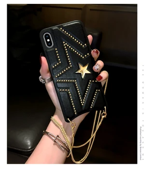 Luksuzni Fashion Kul 3D Zakovice Star Torbica Usnjena torbica Pokrov Z Dolgimi Kovinske Verige Za Iphone 11 Pro XS Max XR X 8 7 6 6S Plus