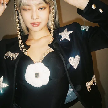Luxury Black Crystal Beading Star Jakna Ženske 2020 Korejski Moda Kratek Plašč Ženske Jesensko Zimska Oblačila