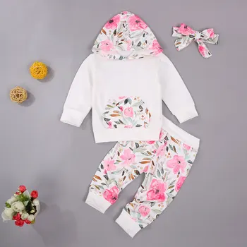 Malčka Malčke Baby Dekle Oblačila, Ki 2020 Jesen Pomlad Dolg Rokav Cvetlični Bela Hooded Vrh Hlače Glavo, Obleke, Oblačila