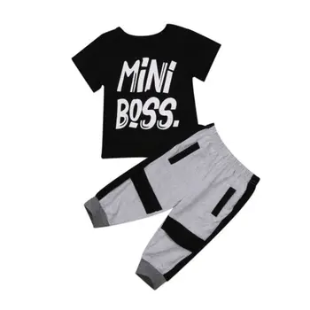 Malčka Otroci Baby Boy Summer Kratek Rokav Bombaž Oblačila Črno Črko T-shirt Vrhovi+Sive Hlače 2pcs Priložnostne Obleke