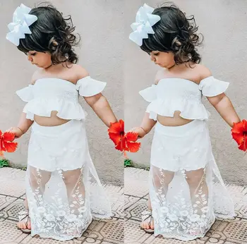 Malčka Otroci Baby Dekle Bele Čipke Cvetlični Vrhovi Dolgo Krilo, Obleka, Obleke, Oblačila, Ki