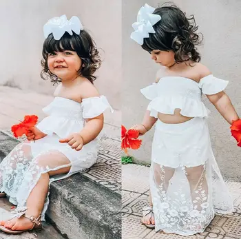 Malčka Otroci Baby Dekle Bele Čipke Cvetlični Vrhovi Dolgo Krilo, Obleka, Obleke, Oblačila, Ki
