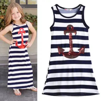 Moda Otroci Dekleta poletje obleko Sequins Sidro Mornarice Proge Stranke Obleke Maxi obleke brez rokavov otroška oblačila 3-8Y 9709