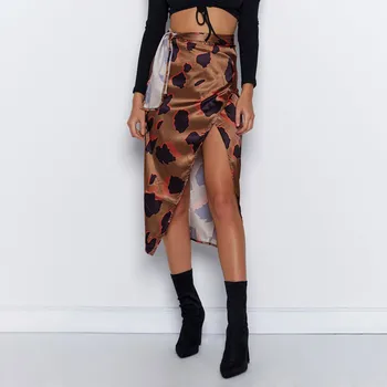 Moda za Ženske Poletje Boho Visoko Pasu Povoj Leopard, Tiskanje Zaviti Šifon Saten Lok Seksi Ruffle Ženski Split Midi Krila#g3