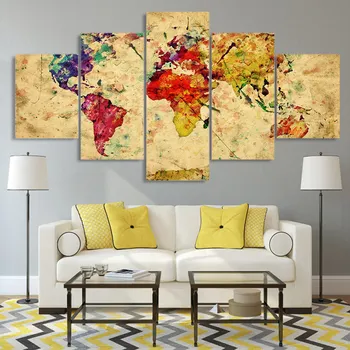 Moderne stenske umetnosti zemljevidu sveta HD 5 kos platno slikarstvo doma dekor Sliko za dnevno sobo tiskanih in Plakat umetnine