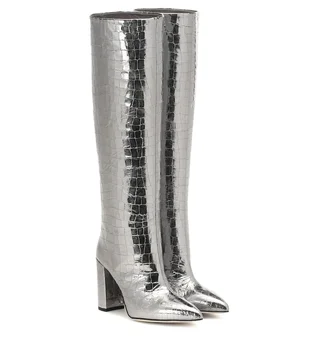 MStacch Kolen visoko Visok Posode Seksi Ženske Škornji Jedrnato Konicami Prstov Močen Pete Krokodil Tiskanja Ženske Škornji z Visoko peto čevlji