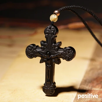 Naravni obsidian strani-vklesan križ, ogrlico, obesek, Christian srečo, amulet nakit ogrlica nakit za moške in ženske, modni darila