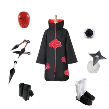 NARUTO Akatsuki Uchiha Obito Ninja Cosplay Rdeči Oblak Plašč obleko (Kostum,+Čevlji+Maska+shuriken+Ring+Kunai+torba)