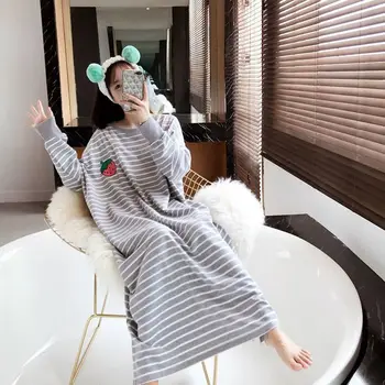 Nightgowns Ženske Sleepshirts Dolg Rokav Pomlad Prugasta Vezenje Korejskem Slogu Elegantno Študentov Kawaii Preprost Trendy Nove Priložnostne
