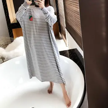 Nightgowns Ženske Sleepshirts Dolg Rokav Pomlad Prugasta Vezenje Korejskem Slogu Elegantno Študentov Kawaii Preprost Trendy Nove Priložnostne