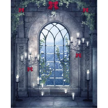 Notranjost Gradu Božično Zabavo Robu Natisnjene Rdeče Bowknots Trto, Sveča, Luč Arch Okno, Pozimi Sneg Panoramska Fotografija Ozadje
