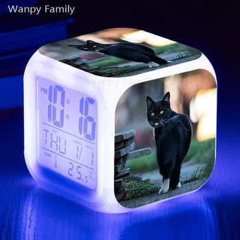 NOV Vnos Vroče Prodati Black Cat Alarm Ure Otroci Zbudi Ura 7 Sprememba Barve LED Velik zaslon Večfunkcijsko Noč Svetlobe Ure