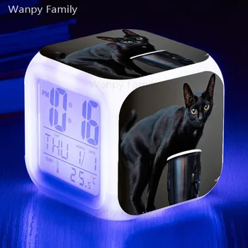 NOV Vnos Vroče Prodati Black Cat Alarm Ure Otroci Zbudi Ura 7 Sprememba Barve LED Velik zaslon Večfunkcijsko Noč Svetlobe Ure