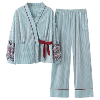 Nova Jesensko Pižame Ženske Dekle Pajama Nastavi Lepo Prugasta Tiskanja Japonski Kimonos Za Ženske Plus Velikost 3XL Bombaž Yukata