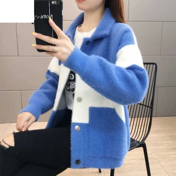 Nova jesensko zimska oblačila mink žamet jakna ženske barvno ujemanje kratkih korejski svoboden študent pletene cardigan površniki ženske