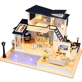 Nova Lutka Hiša Leseno Pohištvo Diy Hiša Miniaturni Sestavljanje 3d Miniaturas Lutke Sestavljanke Kompleti za Igrače Za Otroke, Darilo za Rojstni dan