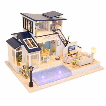 Nova Lutka Hiša Leseno Pohištvo Diy Hiša Miniaturni Sestavljanje 3d Miniaturas Lutke Sestavljanke Kompleti za Igrače Za Otroke, Darilo za Rojstni dan