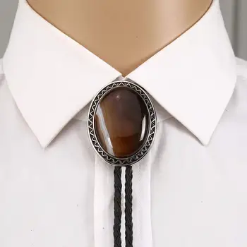 Nova zasnova rjava agateoxny bolo kravato za človeka Indijski kavboj zahodni cowgirl usnjena vrv cinkove zlitine kravatni Ovalne oblike val strani