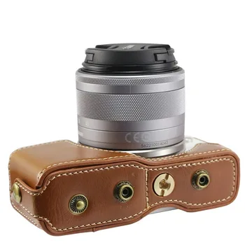 Novo Luksuzno Usnje Fotoaparat torba Primeru Za Canon EOS M10 EOS M100 M200 PU Usnje ohišje Pokrov Baterije Odpiranje+ramenski trak