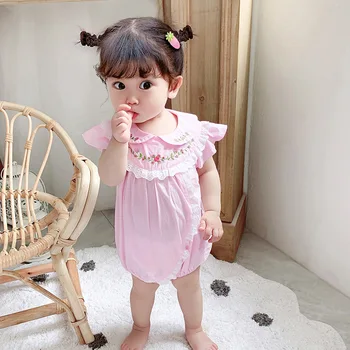 Organski Bombaž Otroška Oblačila Novorojenčka Vezenje Igralne Obleke Poletje Baby Dekle Španskega Jumpsuit Za Malčke Pižamo Twin Obleke, Roza, Bela