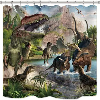 Otroci Dinozaver Tuš Zavesa Fantje Jurassic Živali Dino Džungle Gorski Gozd Dekor Tkanine Plošče Kopalnica 72x72 Palčni 12 Pack
